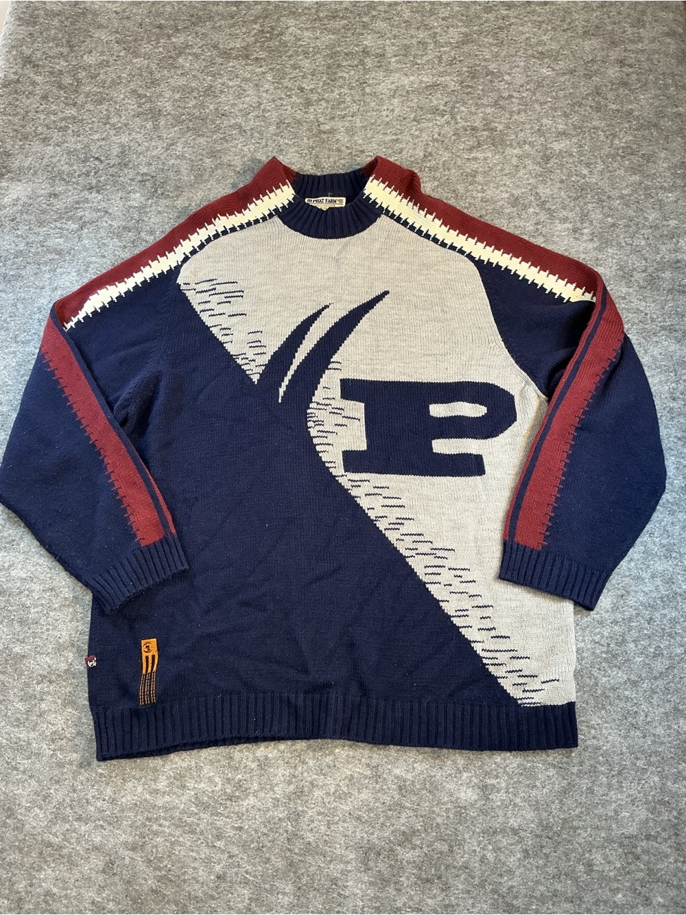 Phat Farm Y2K Men's Colorblocked Navy, Cream & Burgundy Knit Sweater Size XL